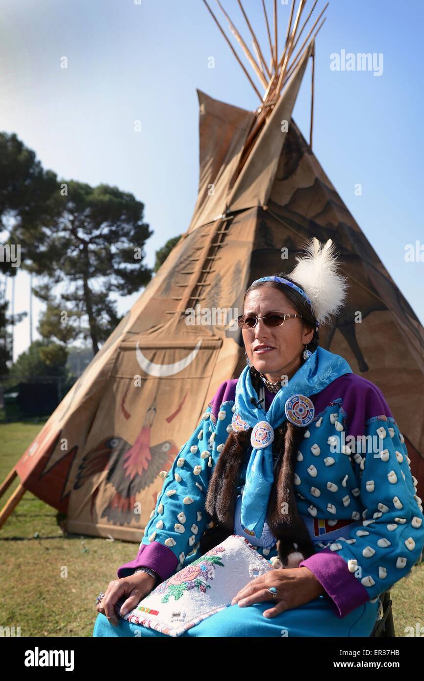 United States Navy Chief Petty Officer and Native American Linda Old Horn-Purty, a member of the Crow tribe during the Annual Heritage Day Pow Wow November 25, 2014 in South Gate, California. Stock Photo