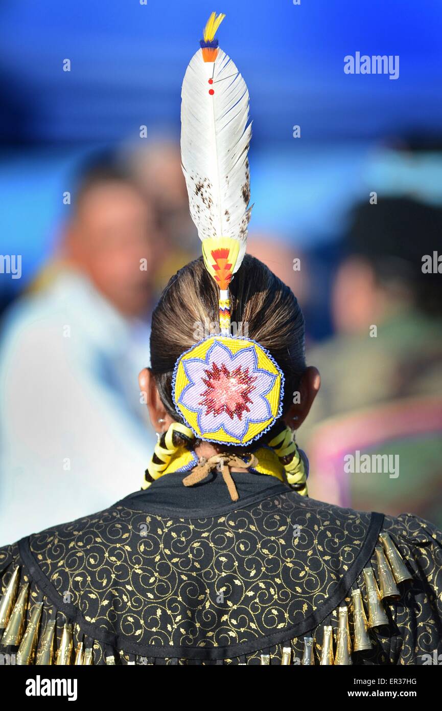 Native Americans in traditional costume take part in dance ceremonies during the Annual Heritage Day Pow Wow November 25, 2014 in South Gate, California. Stock Photo