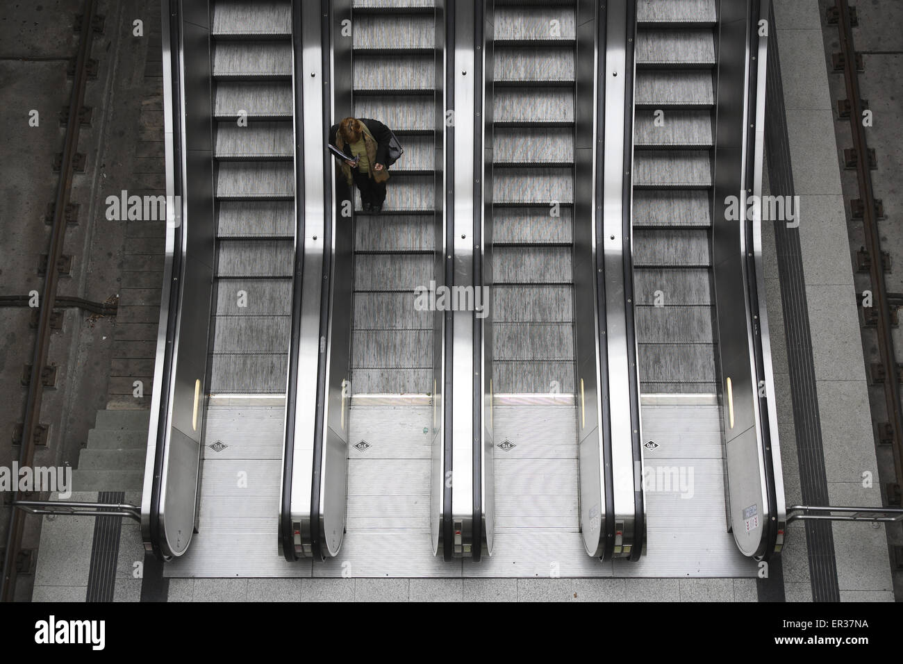DEU, Germany, Ruhr Area, escalator at the subway station at the Westfalenhalle, exhibition and event hall, fairground.  DEU, Deu Stock Photo