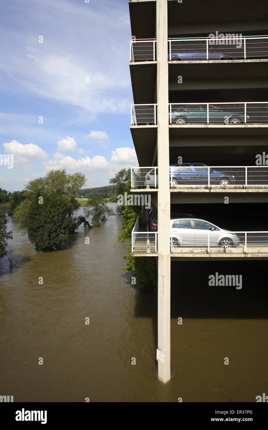 DEU, Germany, Ruhr area, flood of the river Ruhr, 24. August 2007 at the city of Wetter, afloated parking garage.  DEU, Deutschl Stock Photo
