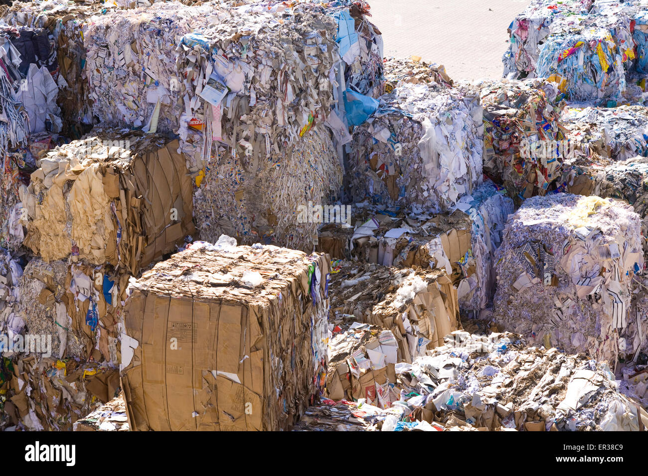 Europe, Germany, Ruhr Area, Dortmund, loading of recovered paper at a paper recycling company at the harbour Dortmund, bales of Stock Photo