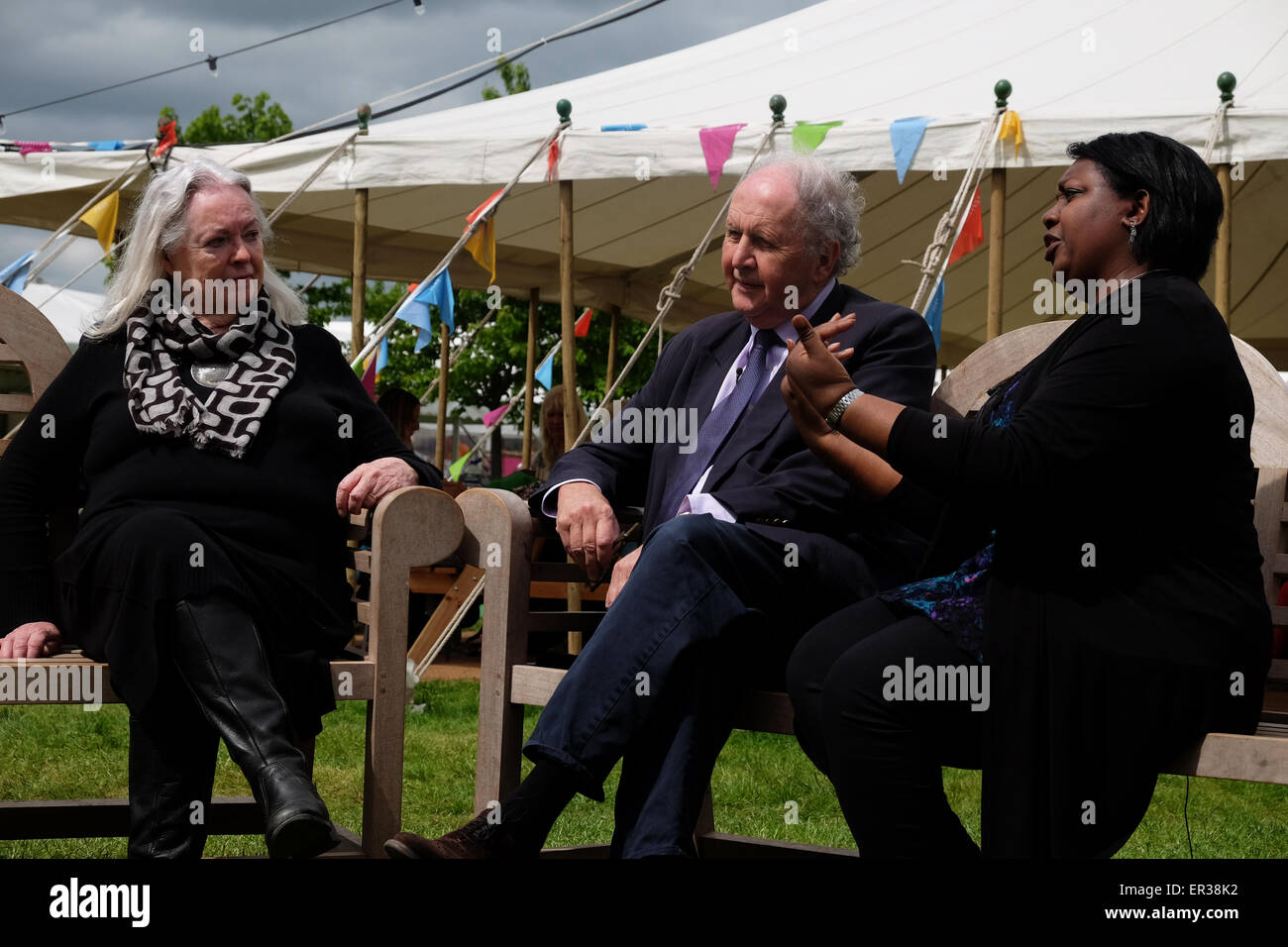 Hay Festival, Powys, Wales - 26th May 2015  Children's Laureate Malorie Blackman talks alongside author Alexander McCall Smith and the National Poet of Wales Gillian Clarke on Day 6 of the Hay Festival. Stock Photo