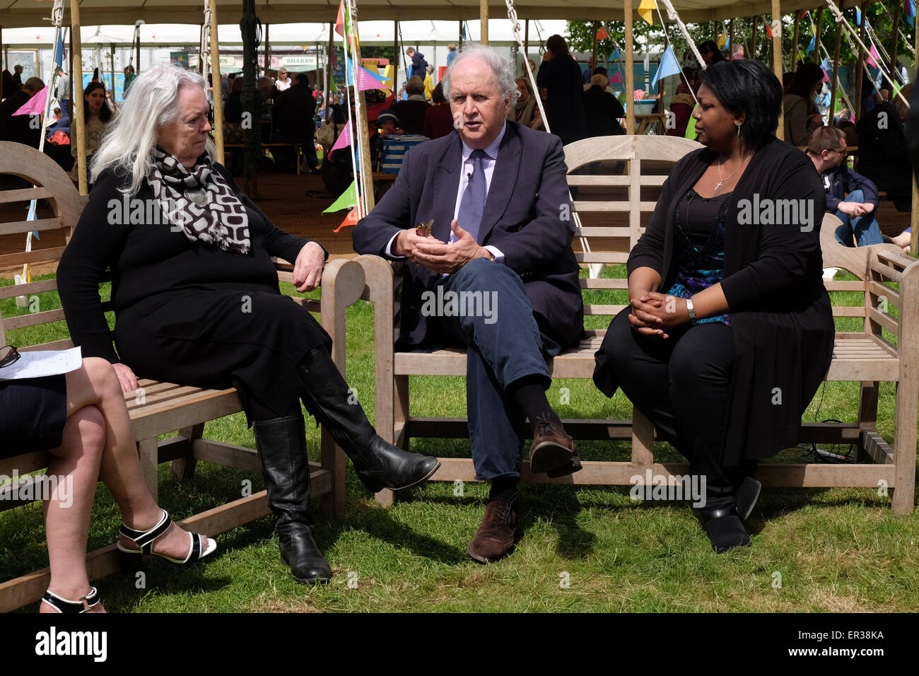 Hay Festival, Powys, Wales - 26th May 2015  Author Alexander McCall Smith in conversation with Children's Laureate Malorie Blackman ( on right ) and the National Poet of Wales Gillian Clarke ( on left ) on Day 6 of the Hay Festival. Stock Photo