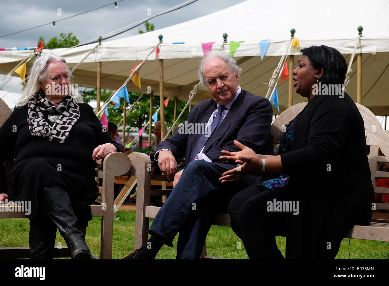 Hay Festival, Powys, Wales - 26th May 2015  - Children's Laureate Malorie Blackman talks alongside author Alexander McCall Smith and the National Poet of Wales Gillian Clarke on Day 6 of the Hay Festival. Stock Photo