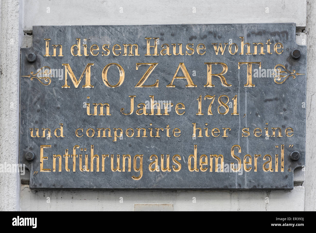 Mozart Vienna, view of a historic plaque in Vienna's Innere Stadt district marking the house in which Mozart composed the opera 'Il Seraglio' in 1781. Stock Photo
