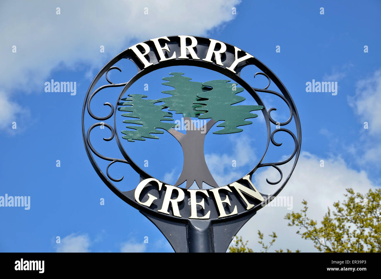The village sign of the Hertfordshire village of Perry Green. Stock Photo
