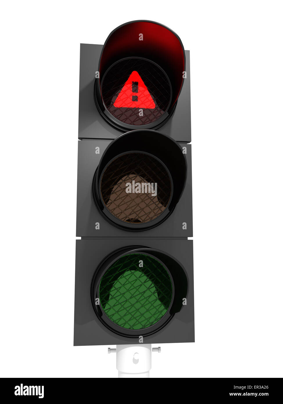 Danger, warning, traffic light showing a red light with exclamation