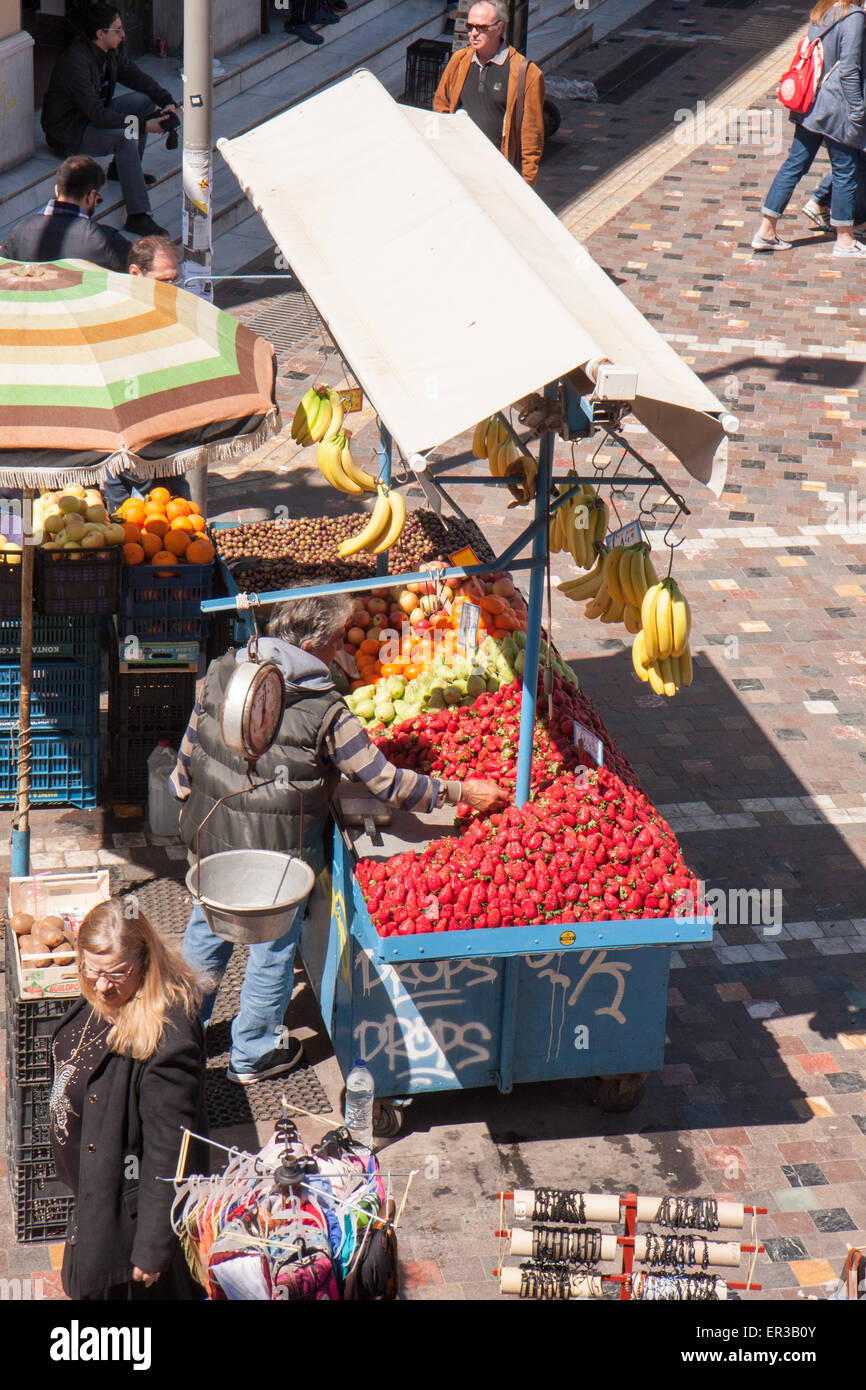 Athens, Greece- April 03, 2015: A stall with fruits on a square near the Attico subway  station Stock Photo