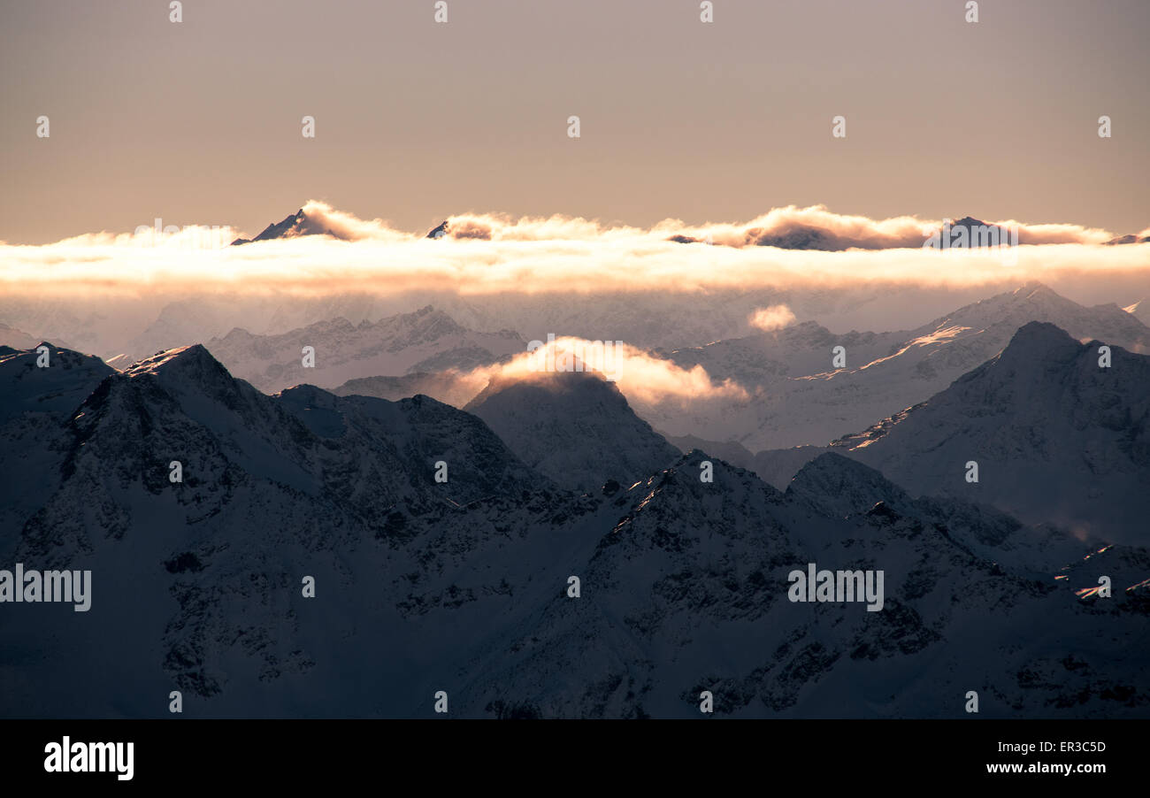 Winter Mountain Silhouette, Gastein, Salzburg, Austria Stock Photo
