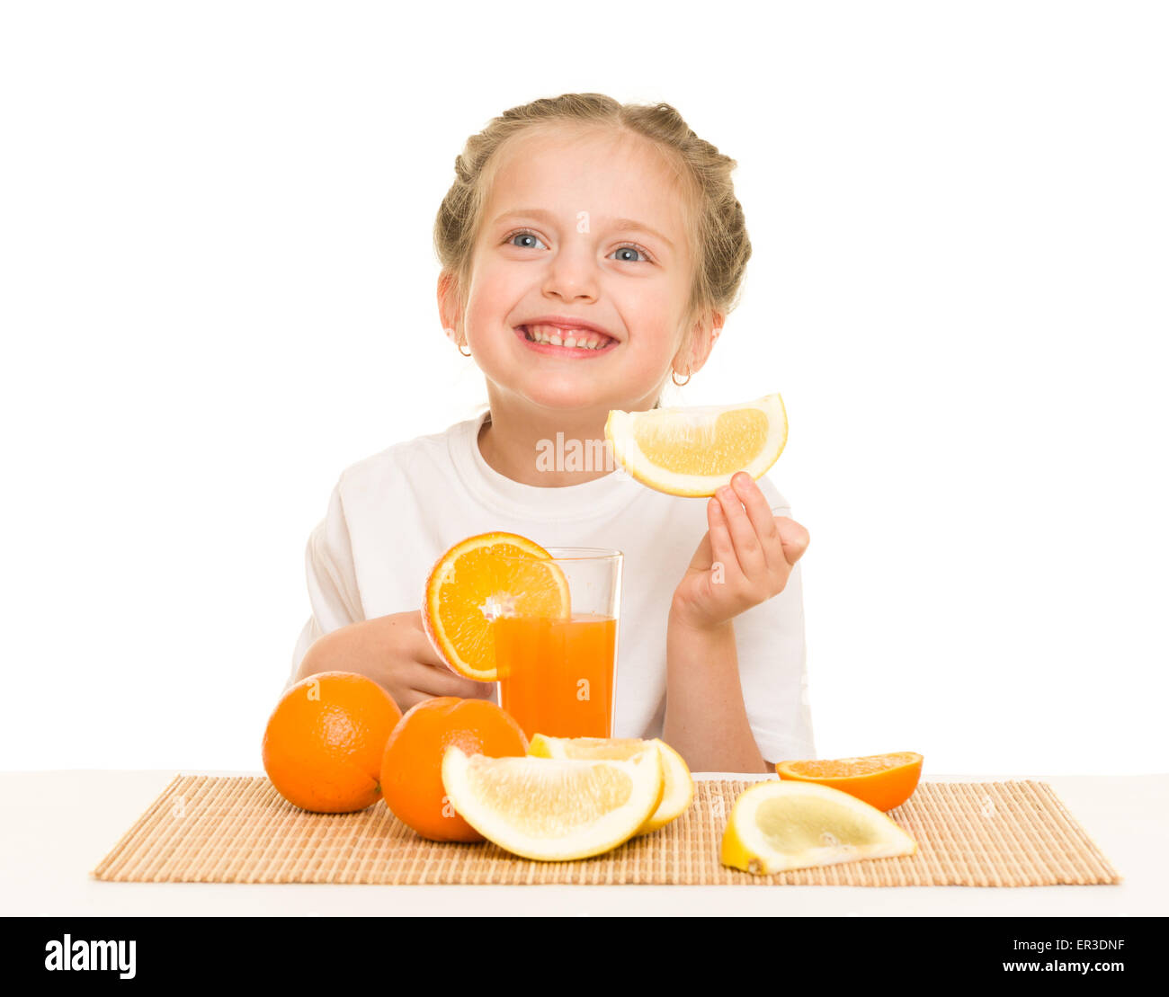little girl with oranges drink juice Stock Photo Alamy