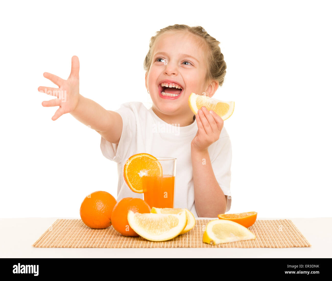 little girl with oranges drink juice Stock Photo Alamy