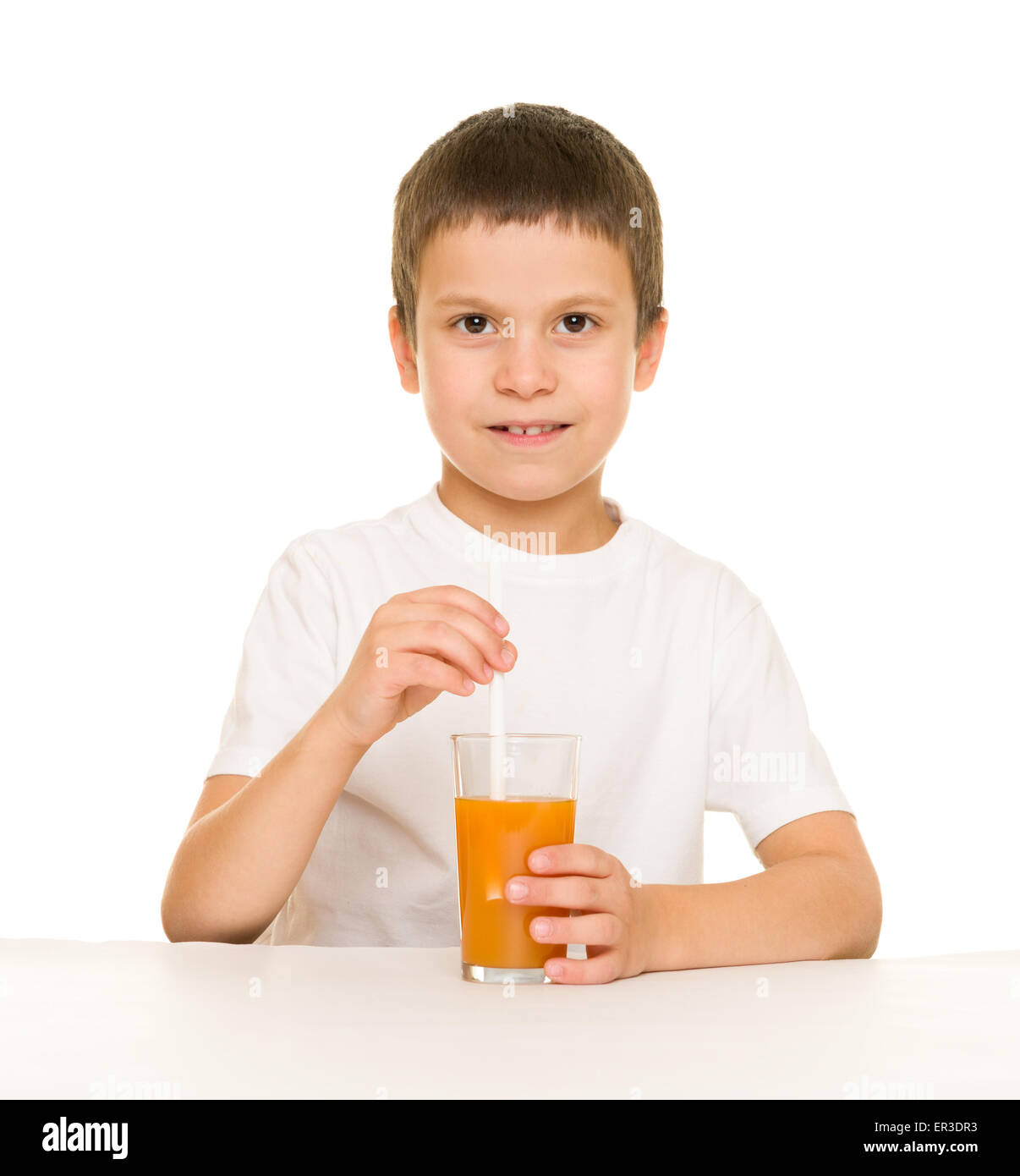 boy drink orange juice with a straw Stock Photo - Alamy