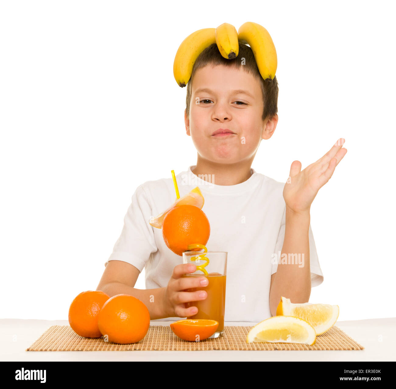 boy drink orange juice with a straw Stock Photo Alamy