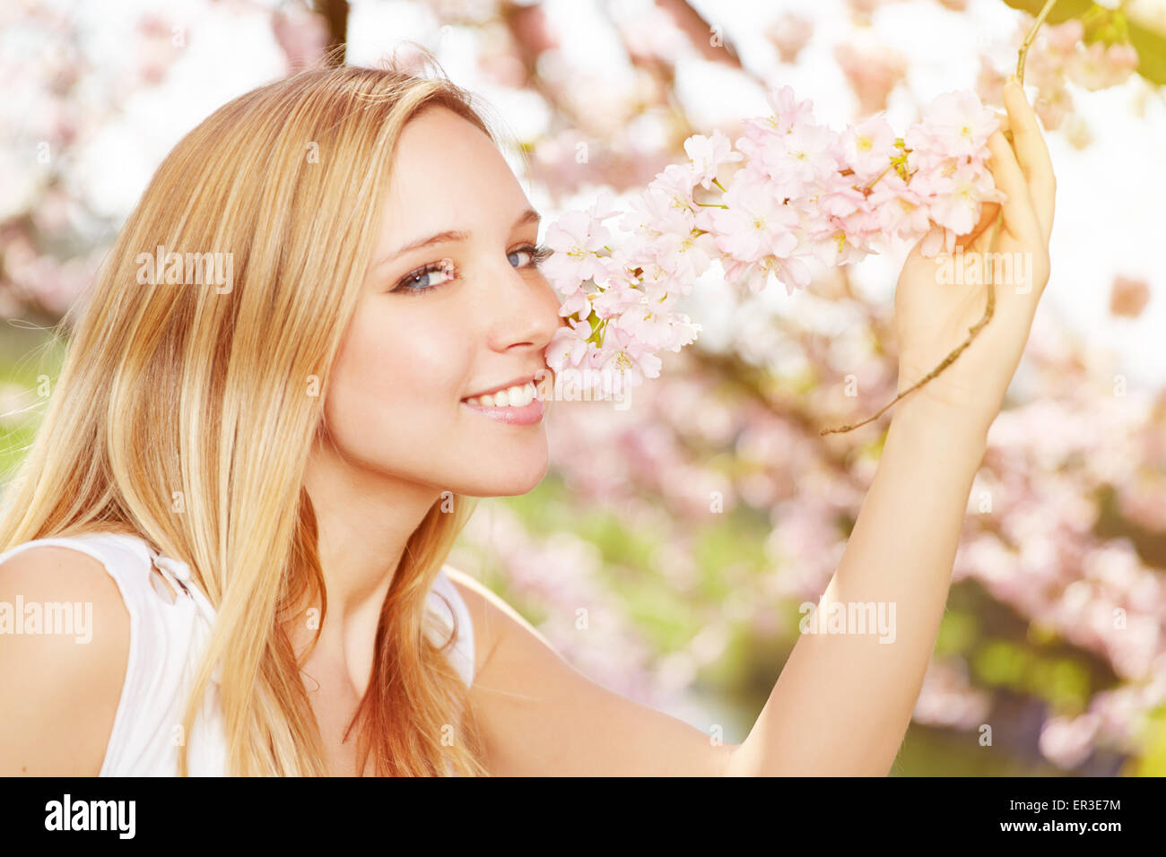 Young blonde woman smelling flavor of cherry blossom in spring Stock Photo