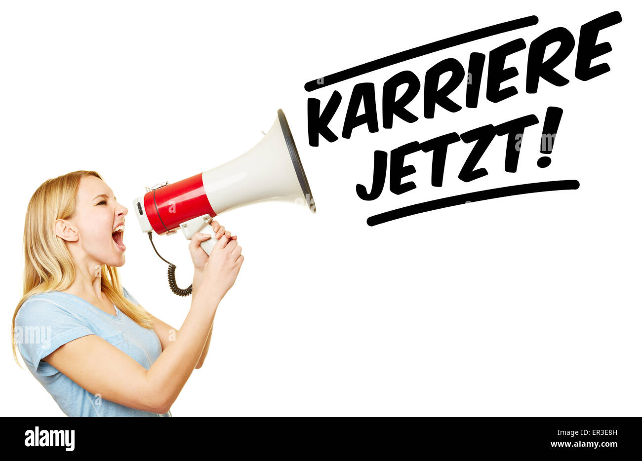Young woman with megaphone demanding in German 'Karriere jetzt!' (Career now!) Stock Photo