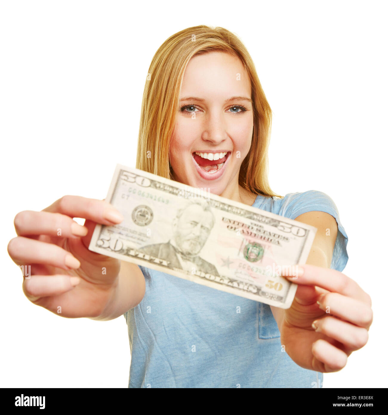 Happy young woman showing 50 dollar bill in her hands Stock Photo