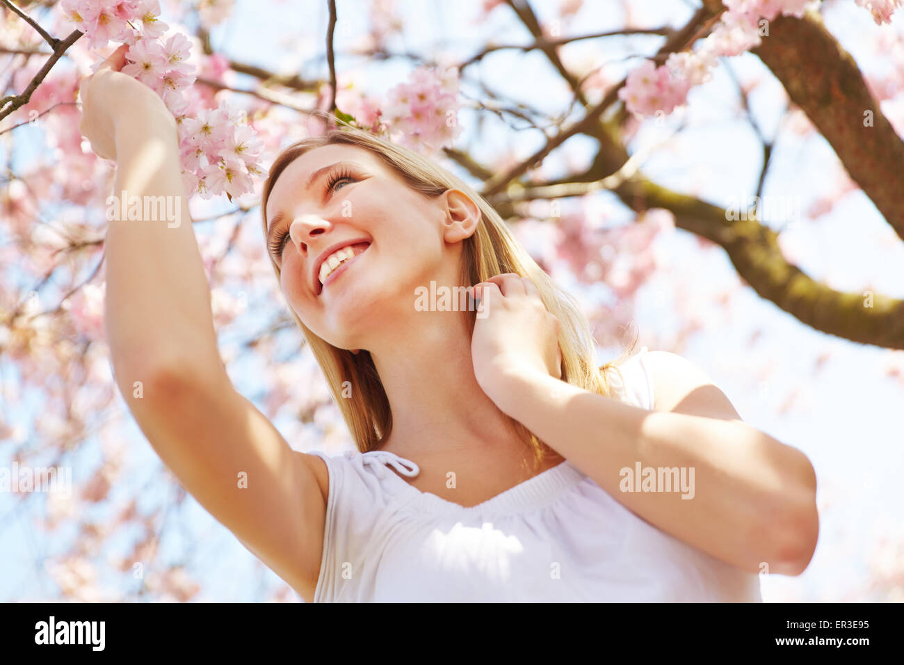 Blonde girl standing at cherry blossom in a garden under a blooming tree Stock Photo
