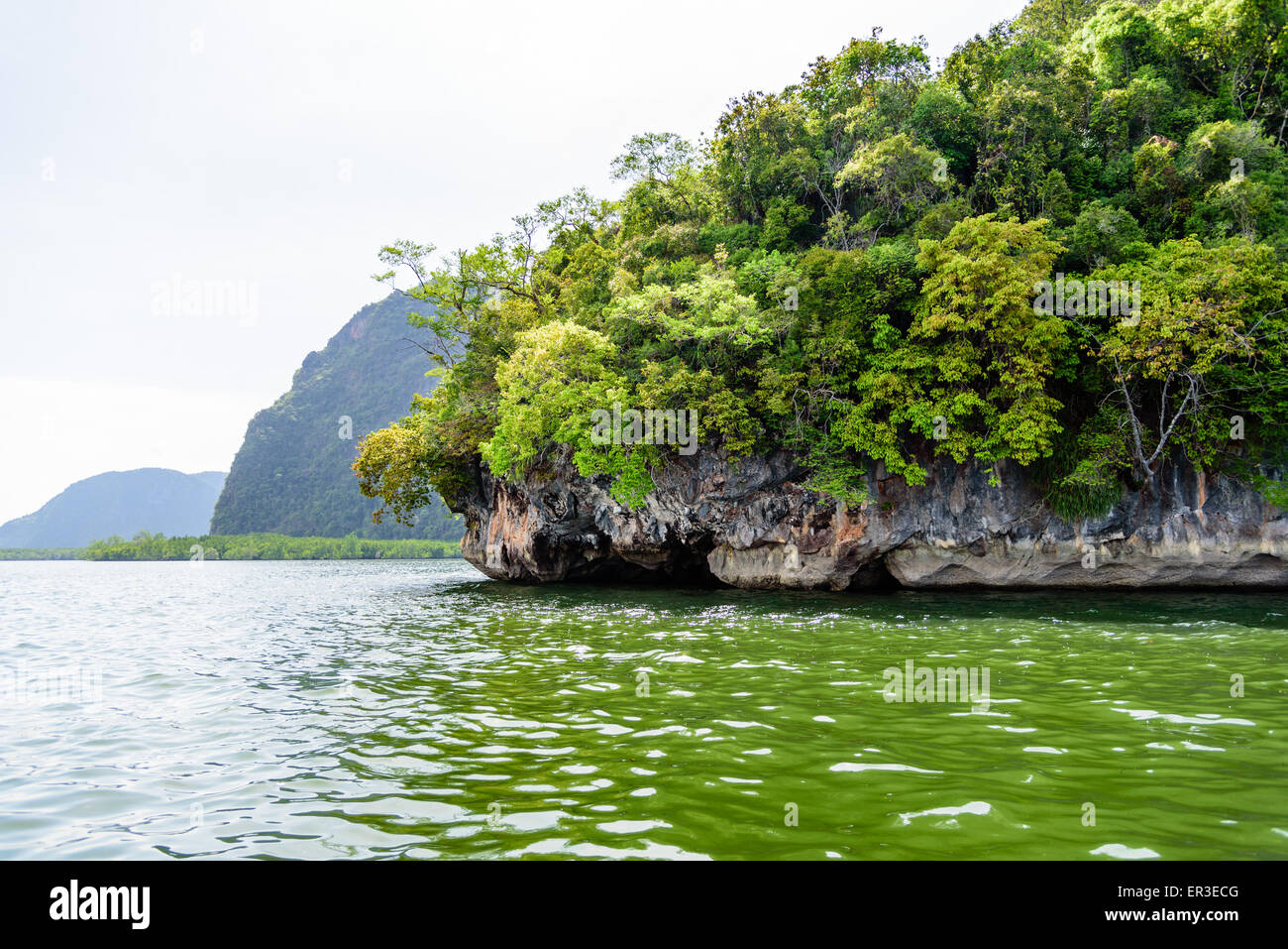 Beautiful scenery of the island and the green sea during travel by boat in Phang Nga Bay or Ao Phang Nga National Park, Thailand Stock Photo