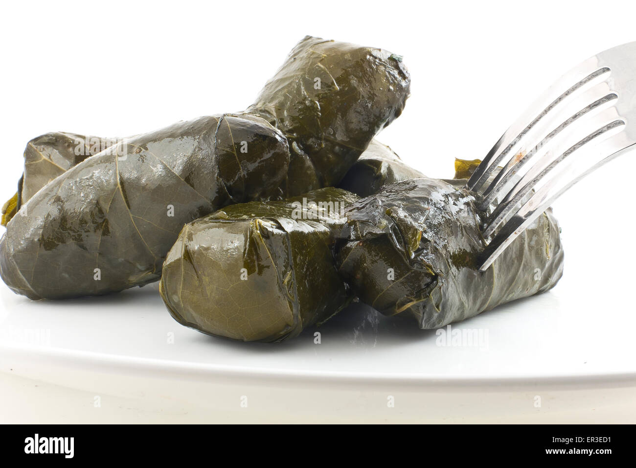 Armenian yaprak dolma, stuffed grape leaves garnished with fresh