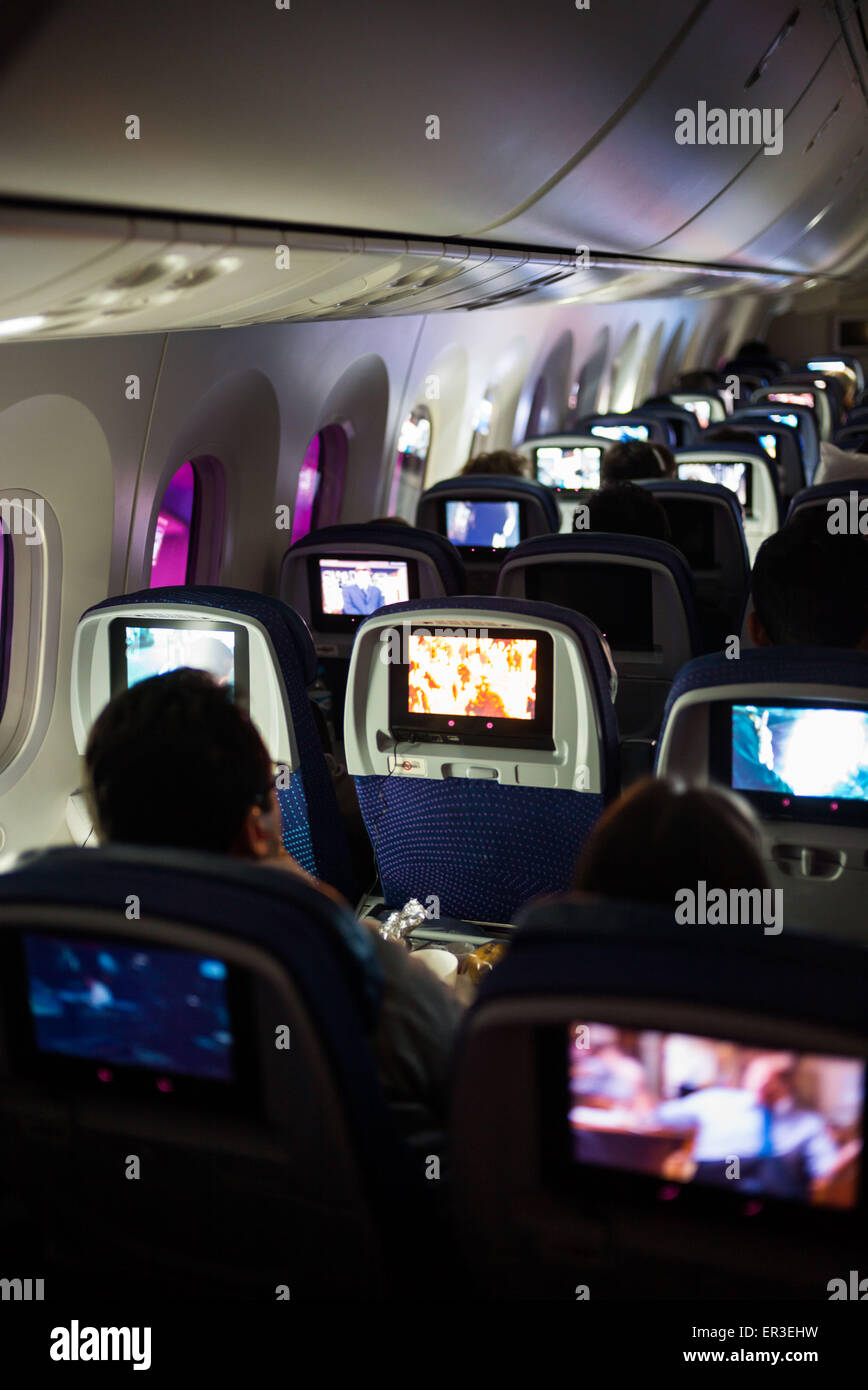 Economy class seating on a Boeing 787 ( Dream Liner ). Stock Photo