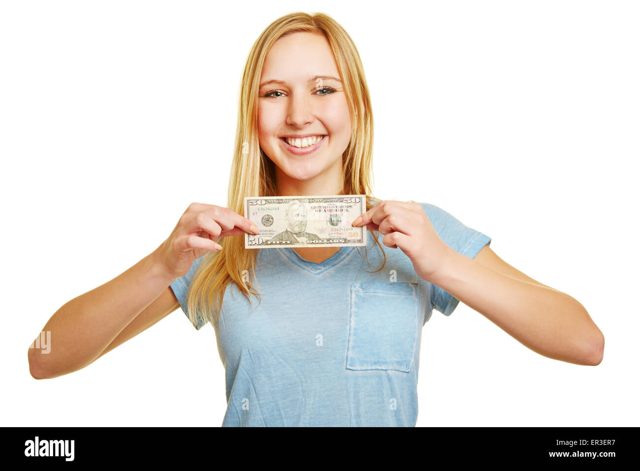 Happy woman holding 50 dollar bill in her hands Stock Photo
