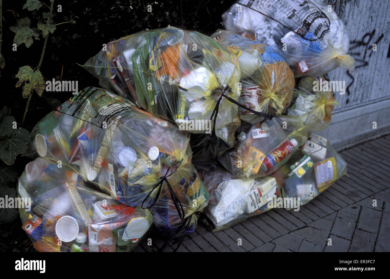 DEU, Germany, Mecklenburg-Western Pomerania, Zingst, yellow garbage bags with recyclable garbage.  DEU, Deutschland, Mecklenburg Stock Photo