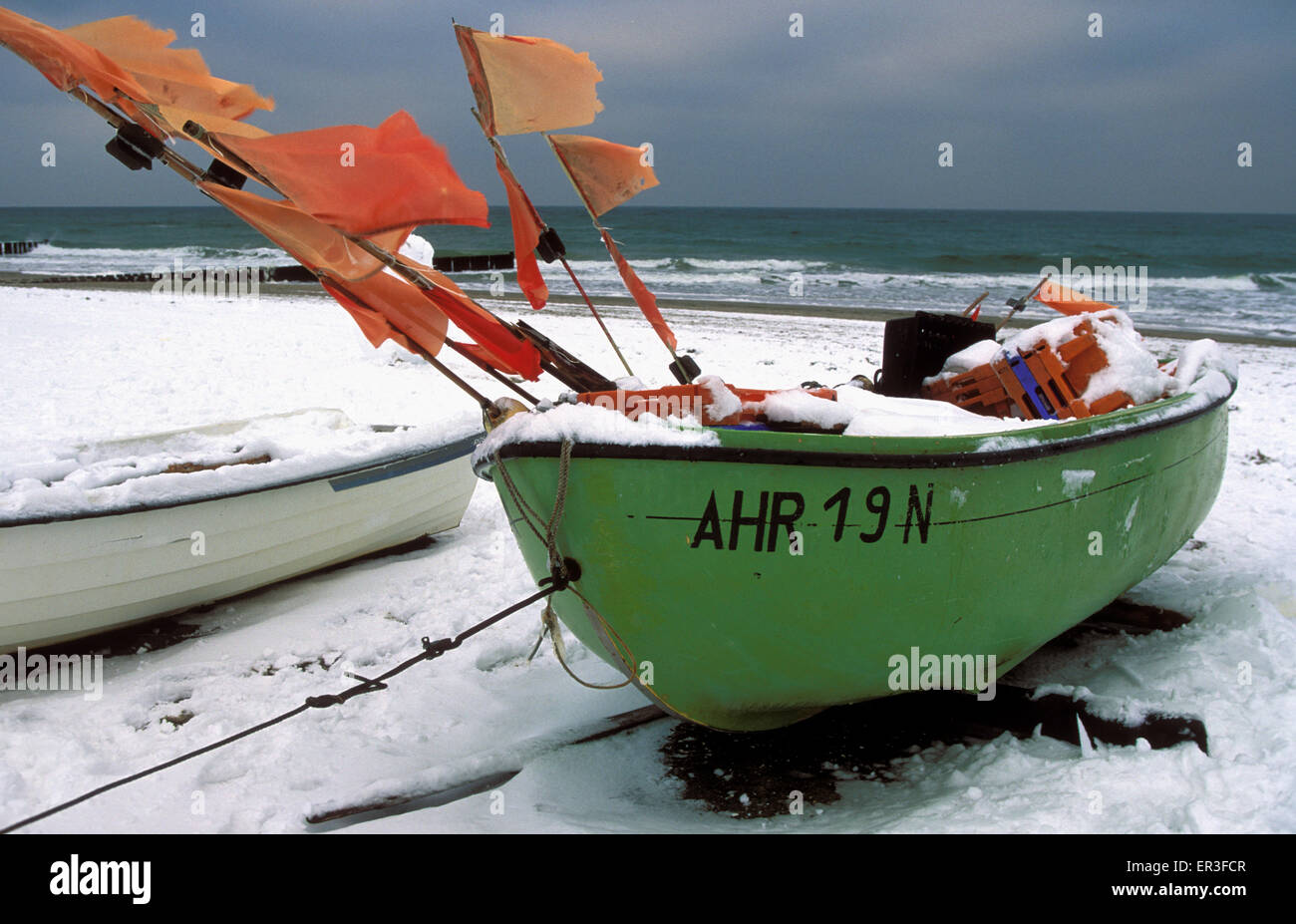 DEU, Germany, Mecklenburg-Western Pomerania, Ahrenshoop at the Baltic Sea, boats at the beach, winter.  DEU, Deutschland, Meckle Stock Photo
