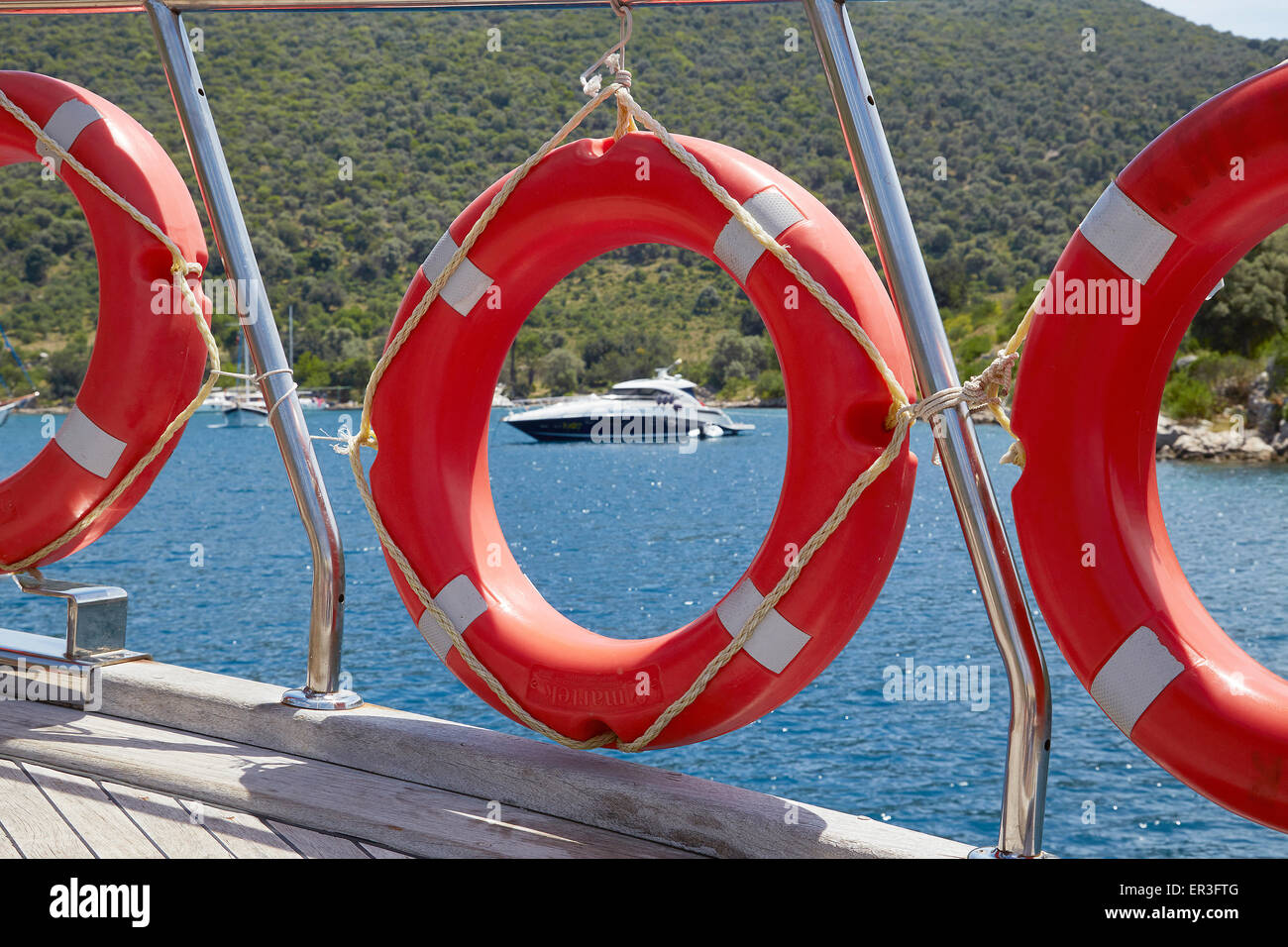 A lifebuoy safety ring on board a boat sailing out of Fethiye, Turkey Stock Photo