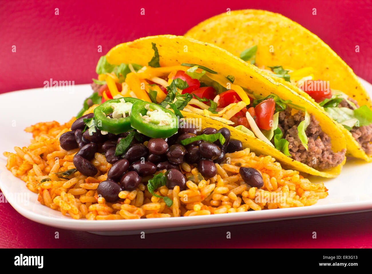 Mexican tacos with rice, black beans, and jalapenos Stock Photo Alamy