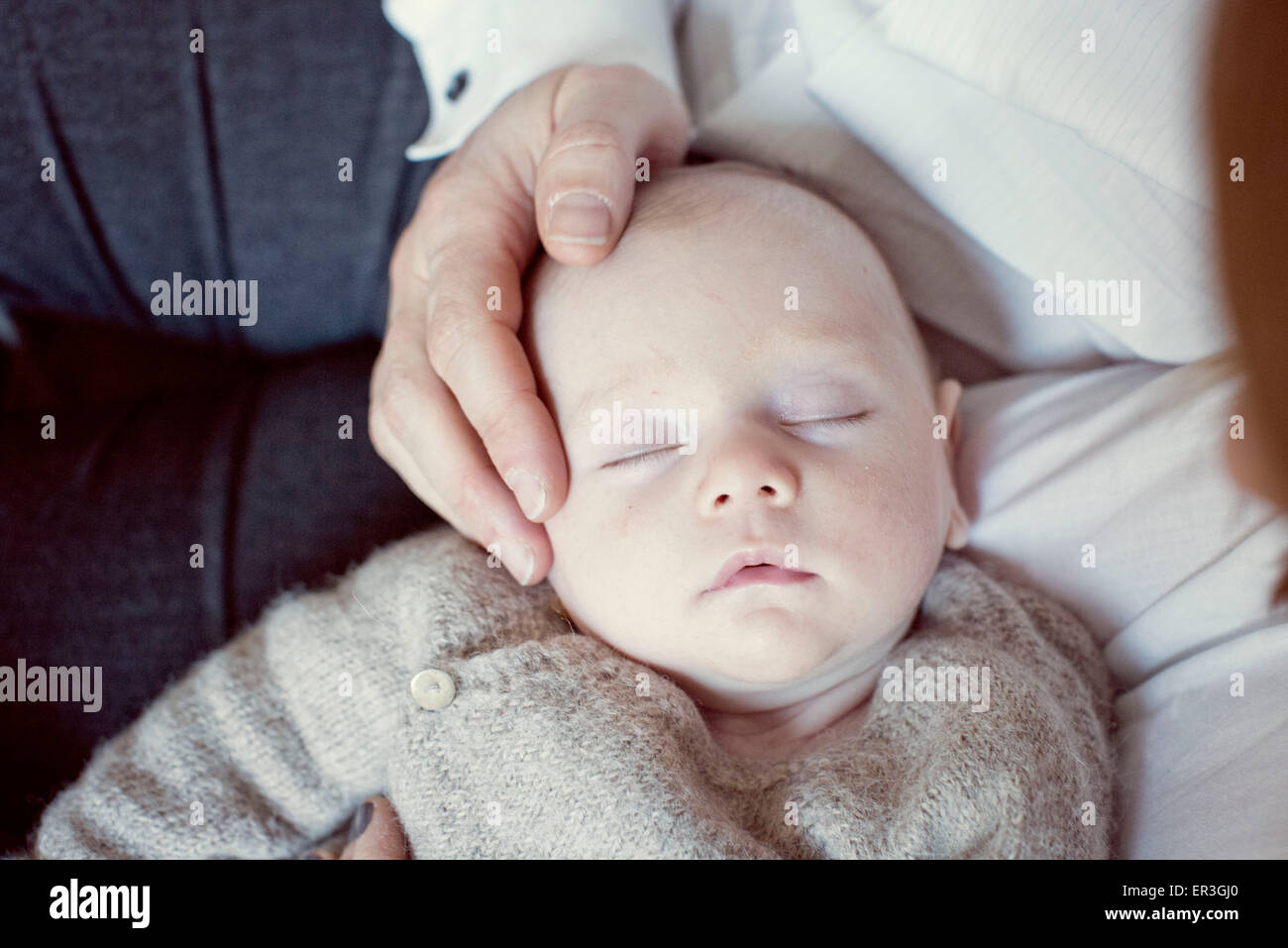 Baby sleeping on mother's lap Stock Photo Alamy