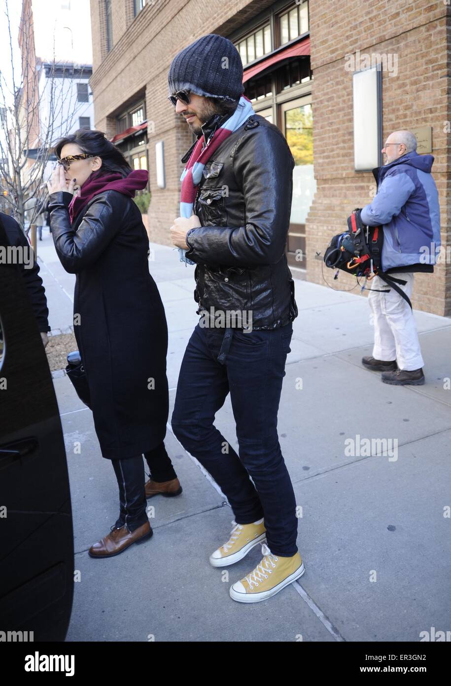 Russell Brand leaves The Greenwich Hotel in Manhattan wearing a claret and blue scarf made in the kit colours of his favourite football team, West Ham United  Featuring: Russell Brand Where: New York City, New York, United States When: 21 Nov 2014 Credit: TNYF/WENN.com Stock Photo