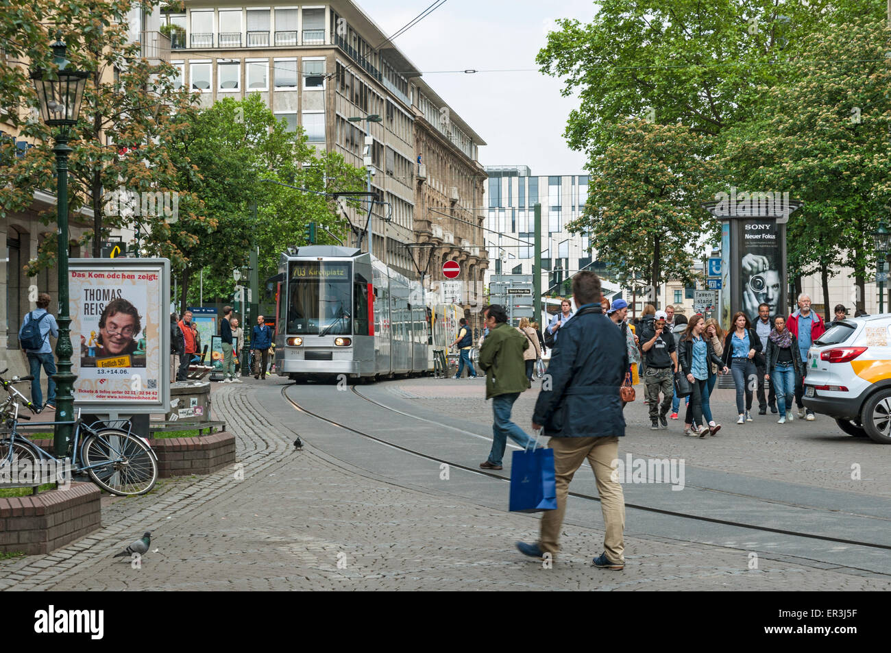 Tram entering the old town, Düsseldorf, NRW. Germany Stock Photo