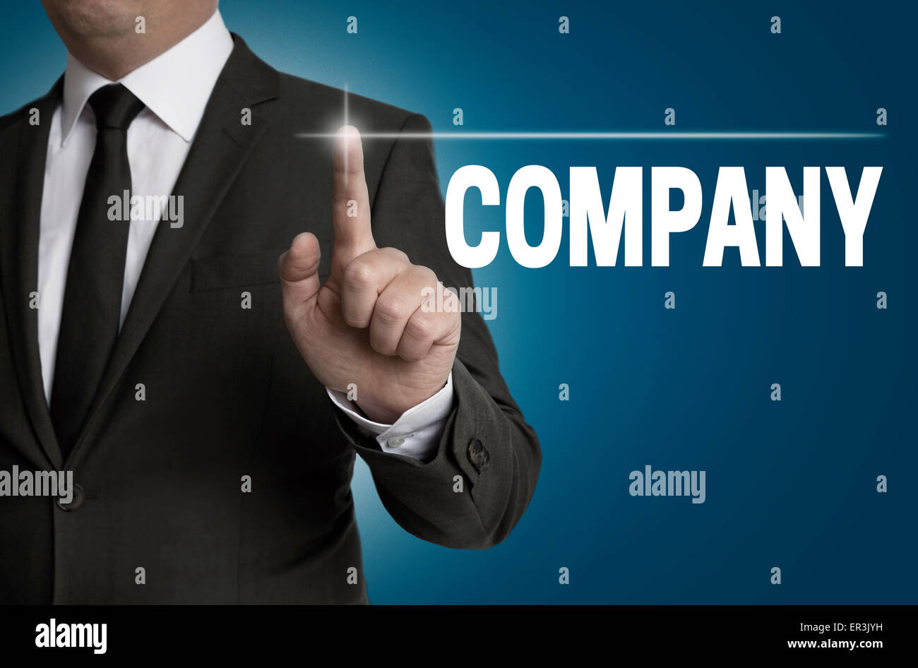 Company touchscreen is operated by businessman. Stock Photo