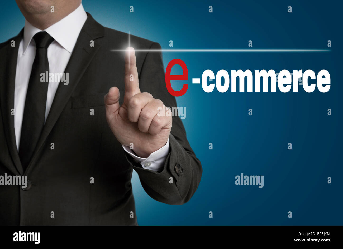 e commerce touchscreen is operated by businessman. Stock Photo