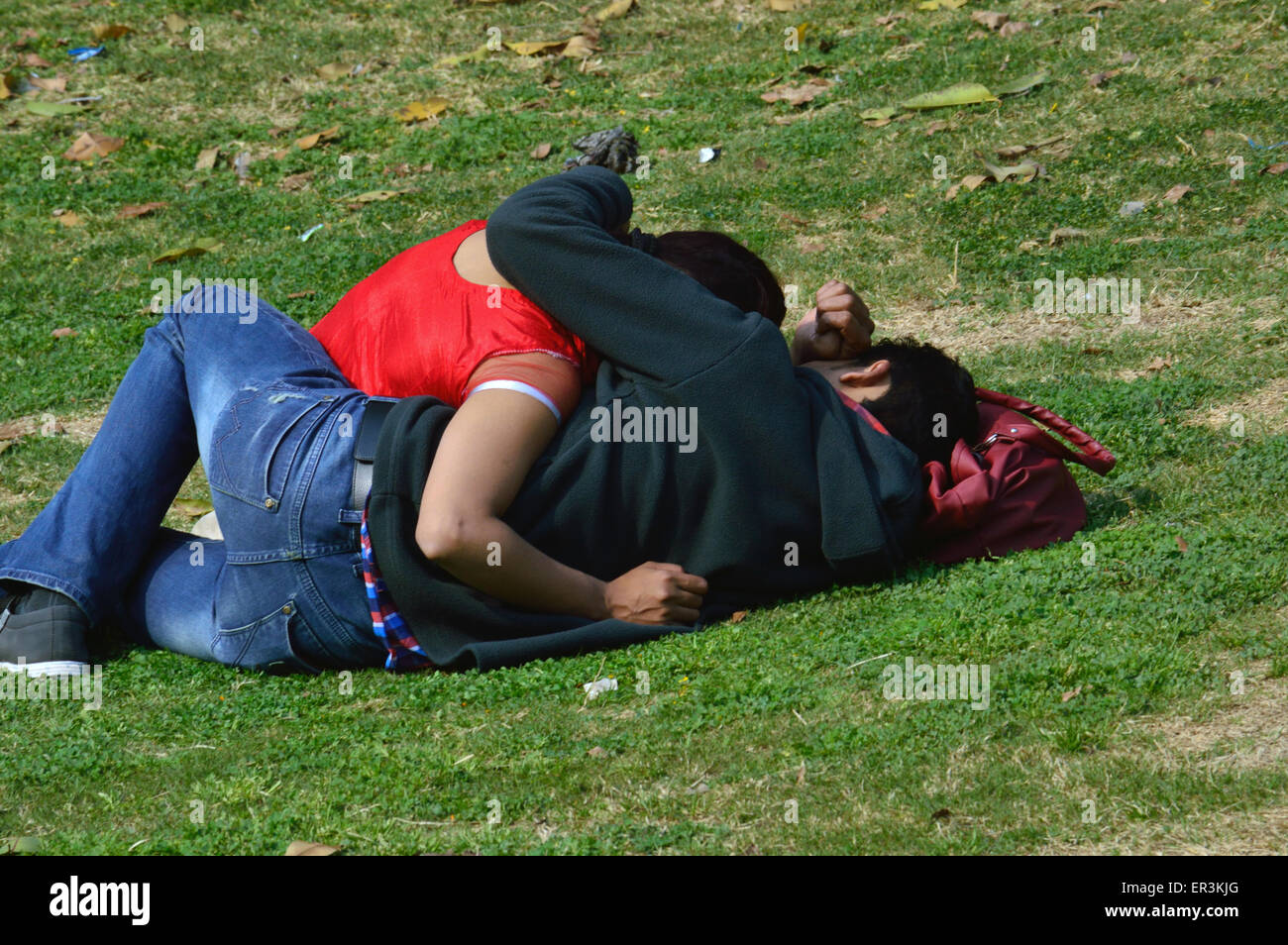 Young Indian couple celebrates Valentines Day Lodhi Gardens Delhi 2015 Stock Photo