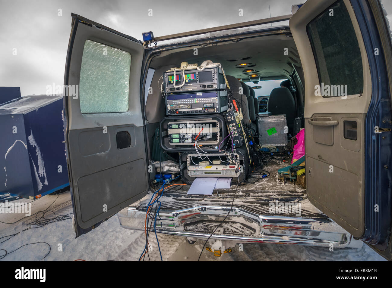 Van full of broadcast equipment needed for a live Good Morning America program, Holuhraun Eruption, Bardarbunga Volcano, Iceland Stock Photo