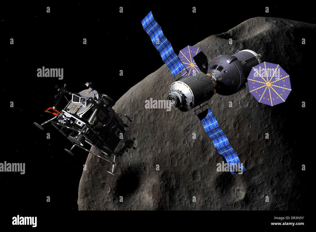 A manned Asteroid Lander departs from a combination Deep Space Vehicle (DSV) and Extended Stay Module (ESM) as a first step towa Stock Photo