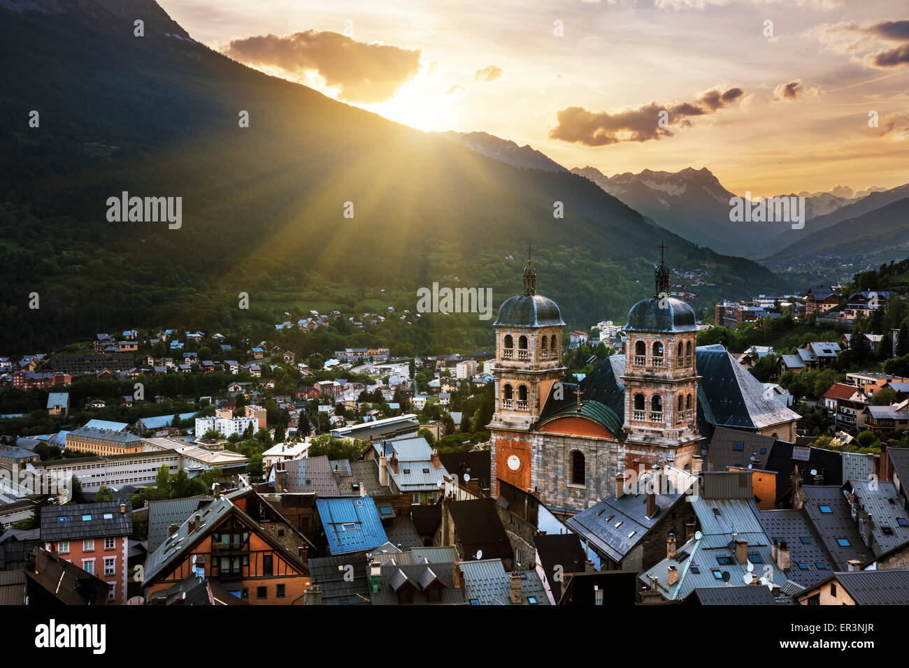 Sunset behind the mountains  of Briancon, France Stock Photo