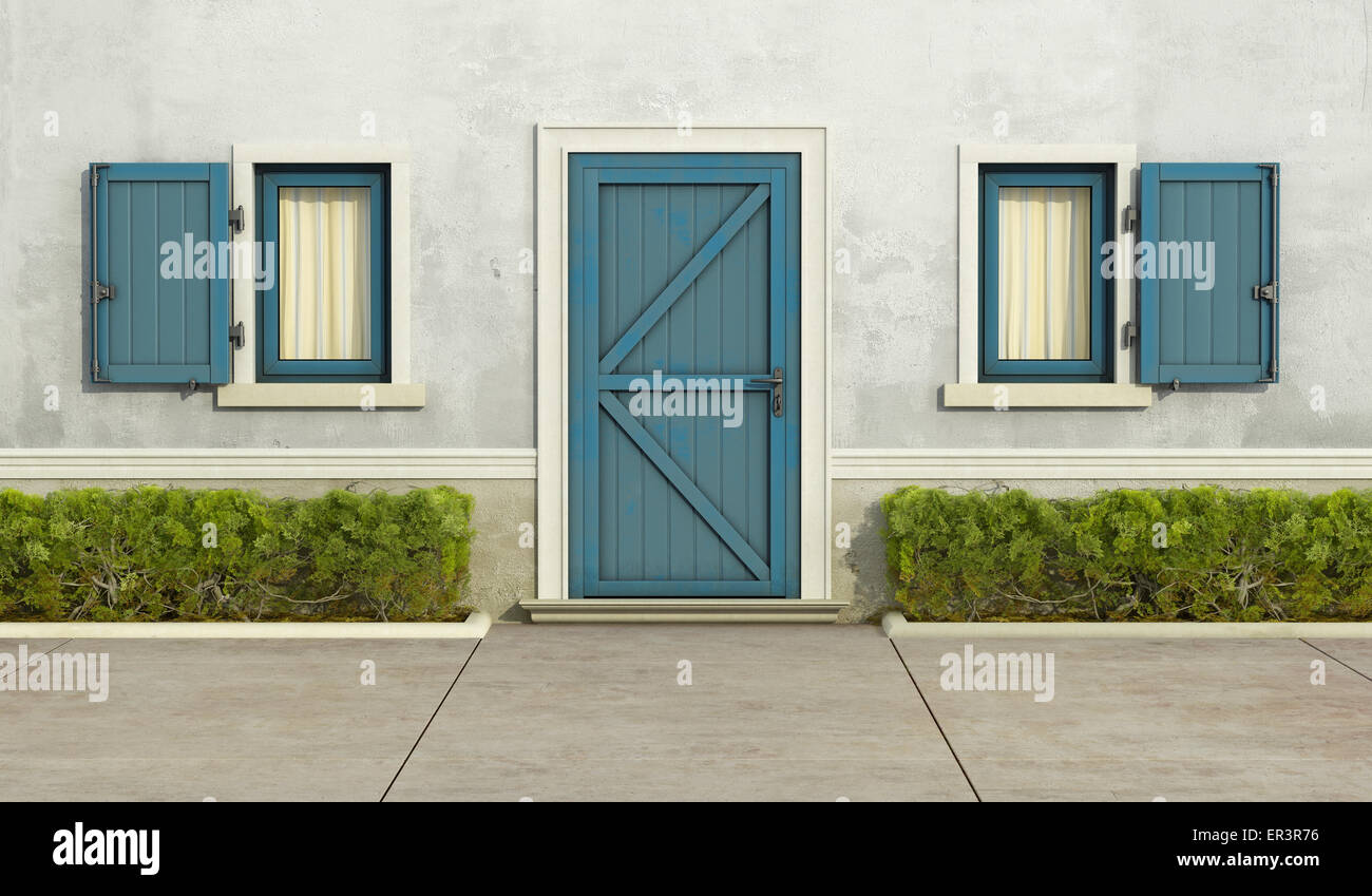 Old house with blue window and front door - 3D Rendering Stock Photo ...