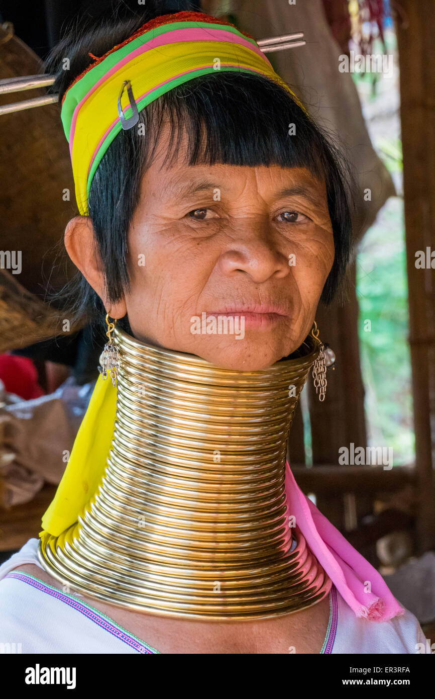 Long Neck Woman, Long Neck Karen, from the tribe of the Karen, Chiang Rai, Thailand, Asia Stock