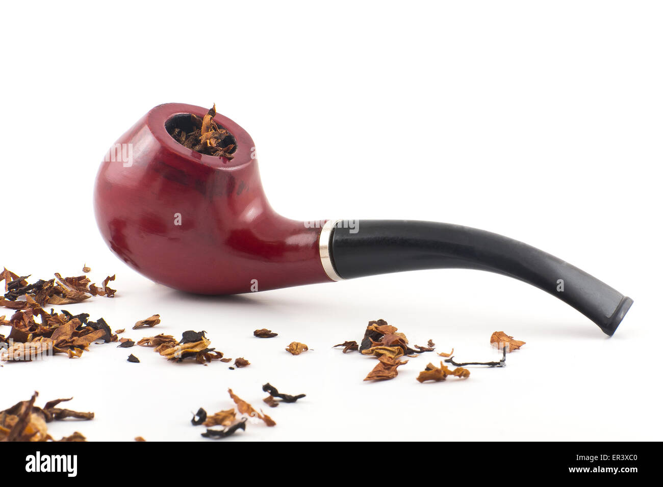Pipe, tobacco, cigarettes, cigars, smoking, etc. on red leather background  Stock Photo