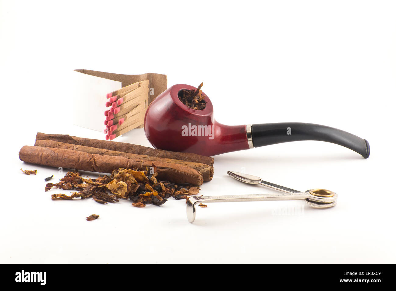 Pipe, tobacco, cigarettes, cigars, smoking, etc. on red leather background Stock Photo Alamy