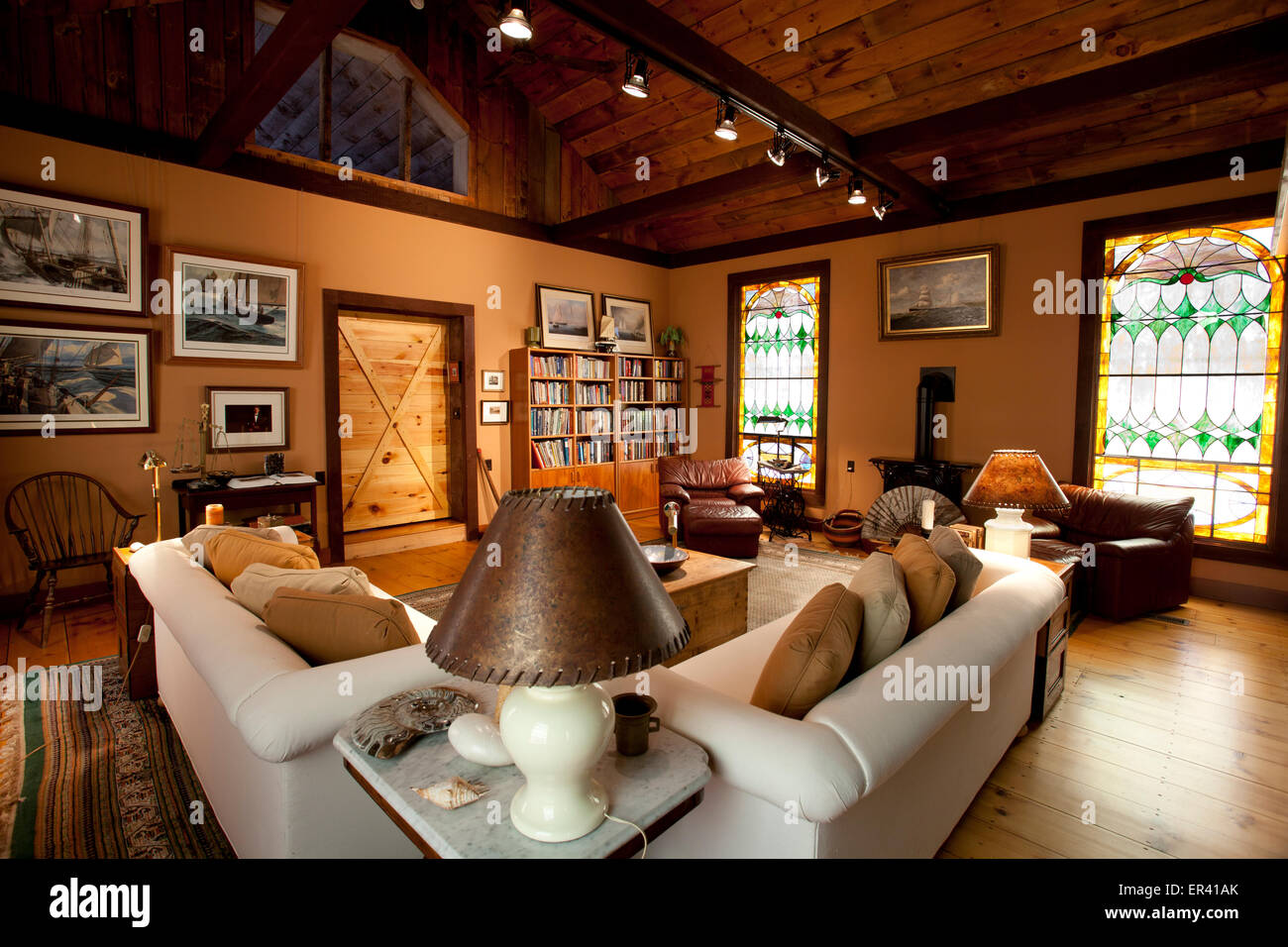 Interior detail of living room. Vermont dairy barn renovated into a ...