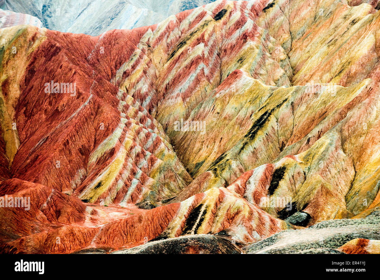 The beautiful Rainbow mountains at the Zhangye Danxia landform geological park in Gansu. Stock Photo