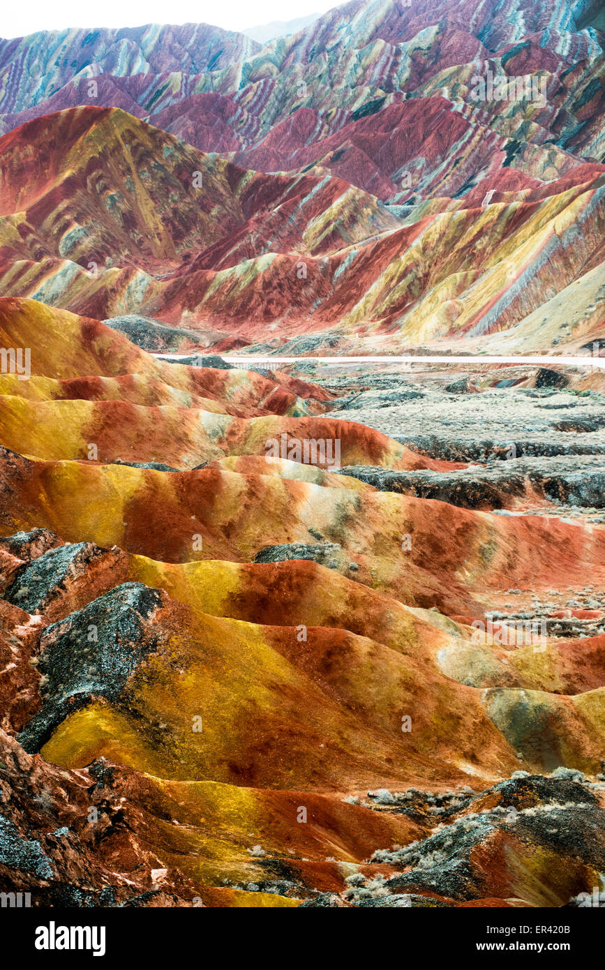 The beautiful Rainbow mountains at the Zhangye Danxia landform geological park in Gansu. Stock Photo