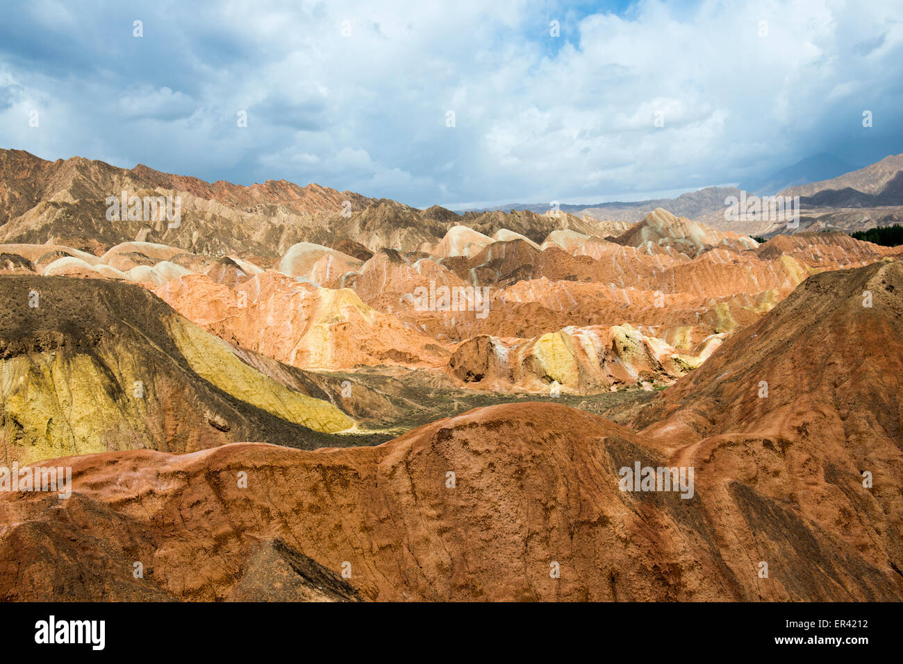 The beautiful Rainbow mountains at the Zhangye Danxia landform geological park in Gansu. Stock Photo