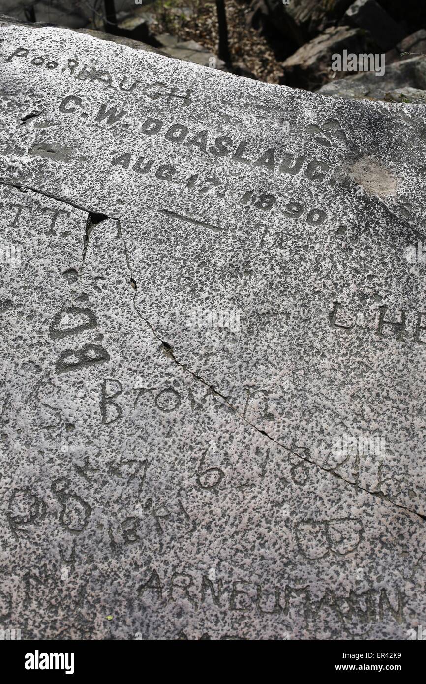 Historic carving of names into leaping rock at Pipestone National Monument in Minnesota Stock
