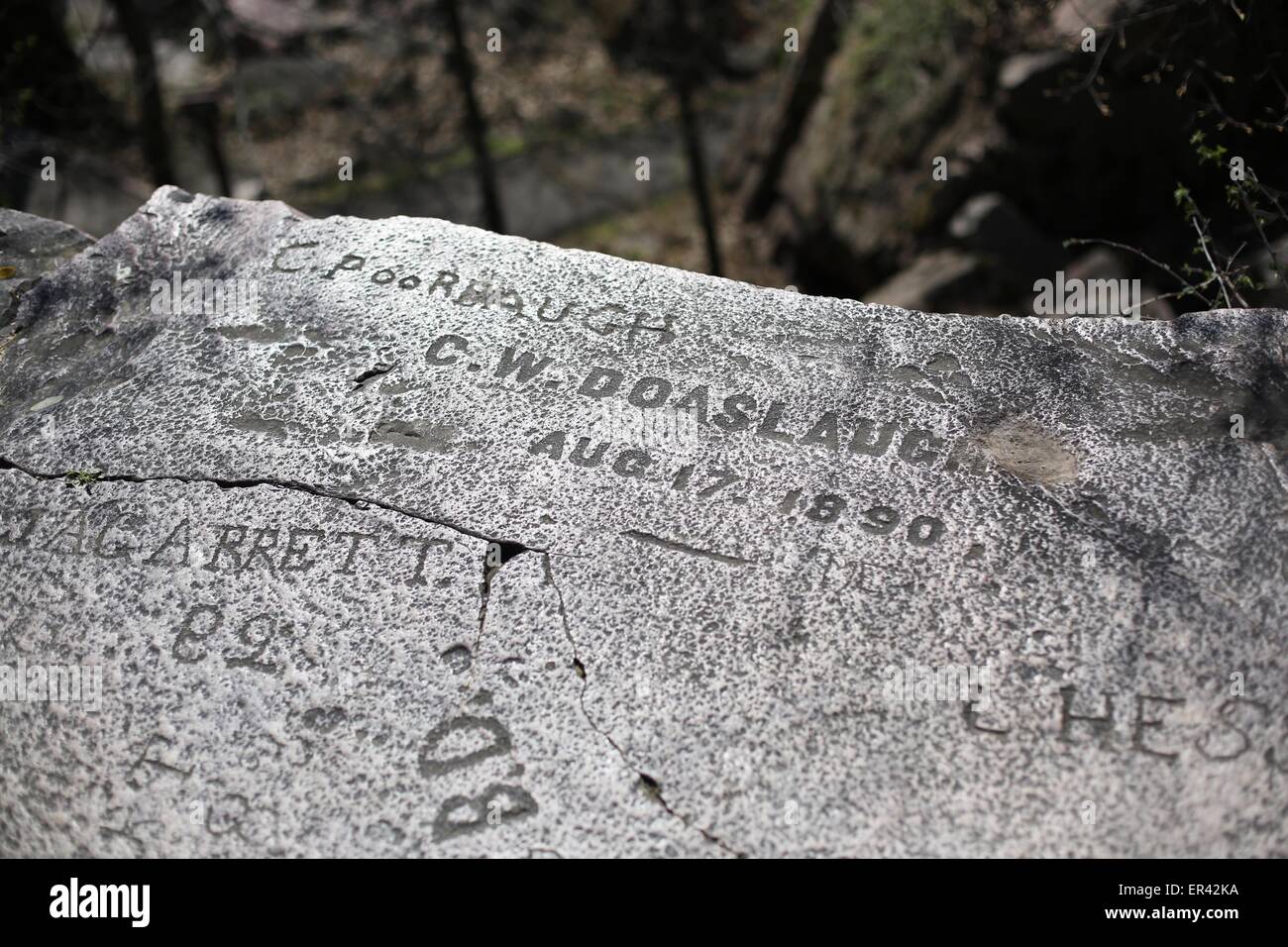 Historic carving of names into leaping rock at Pipestone National Monument in Minnesota Stock