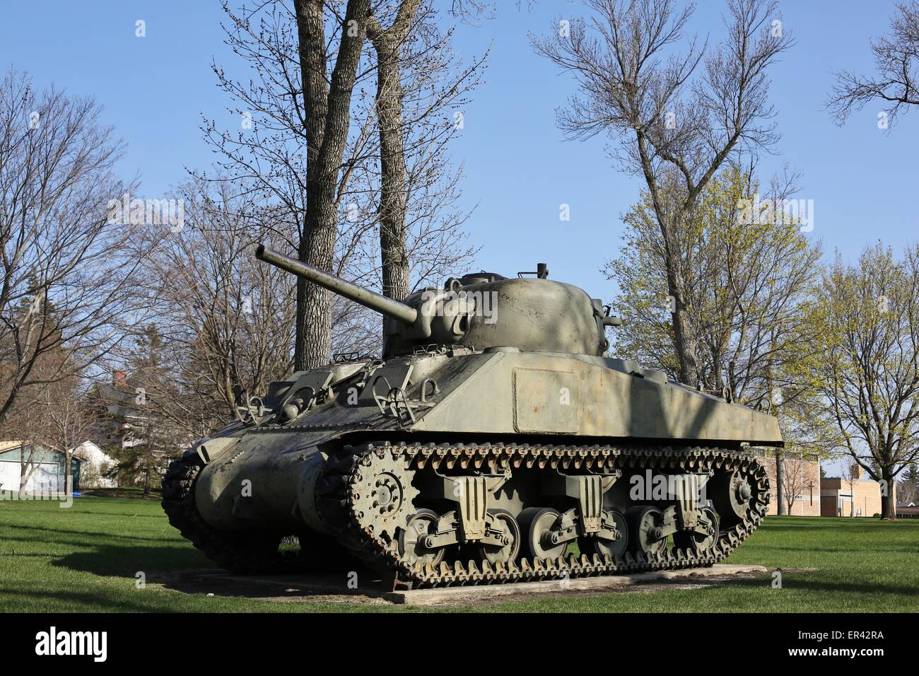 An army tank on display in Pipestone, Minnesota. Stock Photo