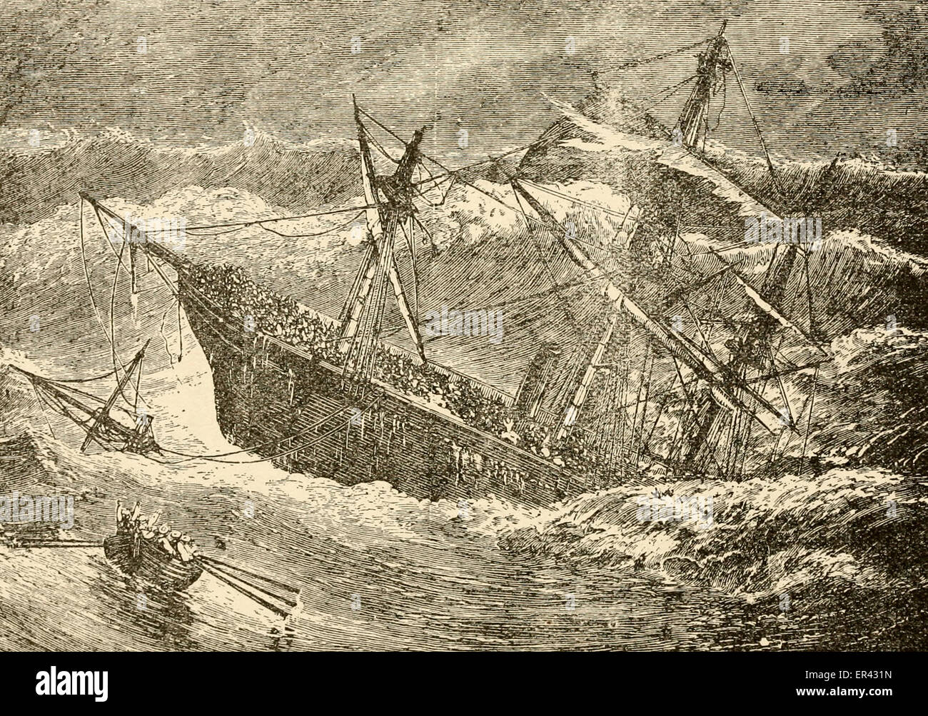 The Sinking of the London  SS London was a British steamship which sank in the Bay of Biscay on 11 January 1866. The ship was travelling from Gravesend in England to Melbourne, Australia, when she began taking in water on 10 January, with 239 persons aboard. The ship was overloaded with cargo and unseaworthy, and only 19 survivors were able to escape the foundering ship by lifeboat, leaving a death toll of 220. January 11, 1866 Stock Photo